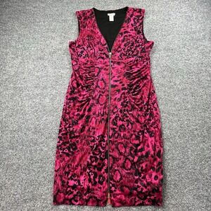 Cache Hot Pink Animal Print Stretch Bodycon Dress Zip Front Ruched Sleeveless XL